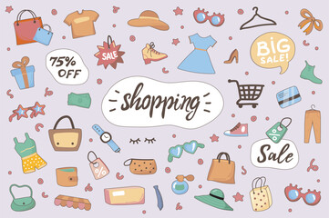 Shopping cute stickers set in flat cartoon design. Collection of clothes, dress, shoes, bag, hat, perfume, discount, label, credit card and other. Vector illustration for planner or organizer template