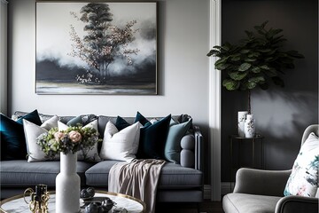 Spacious lounge with a chic grey sofa and statement artwork on the wall generative ai