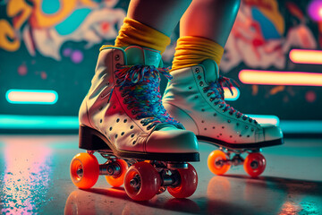 close up of feet wearing colorful 80's roller skates - AI generative - 566535957