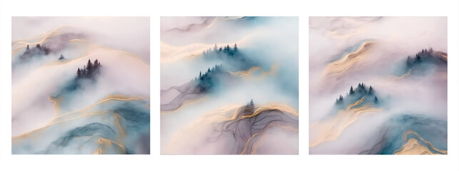 fantasy surrealism collection of pink and blue foggy mountains landscapes with artistic golden ink textures, generative ai mood background