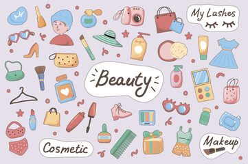 Fototapeta premium Beauty cute stickers set in flat cartoon design. Collection of makeup, cosmetic, eye shadow, comb, mascara, perfume, lipstick, brush and other. Vector illustration for planner or organizer template
