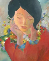 Outdoor-Kissen woman with flowers. oil painting. illustration © Anna Ismagilova