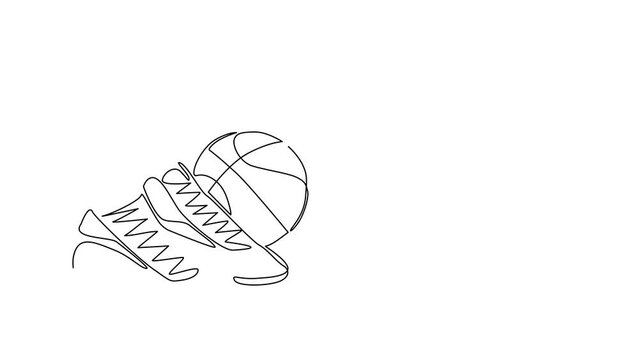 Self drawing animation of single line draw basketball shoes, balls. Basketball ball and boots. Sports. For sport store ad, app pictogram, infographics. Continuous line draw. Full length animated