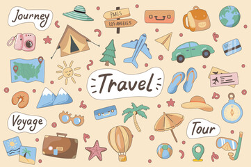 Fototapeta premium Travel cute stickers set in flat cartoon design. Collection of journey, voyage, tour, luggage, backpack, tent, hiking, globe, mountains and other. Vector illustration for planner or organizer template