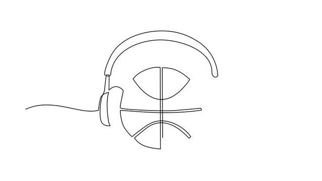 Self drawing animation of single line draw basketball ball with headphone. Basketball commentator sport icon. Flat cartoon style suitable for web, banner. Continuous line draw. Full length animated