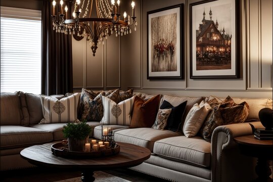 Warm and inviting living room interior design with a comfortable sectional, woven throw, and elegant chandelier generative ai