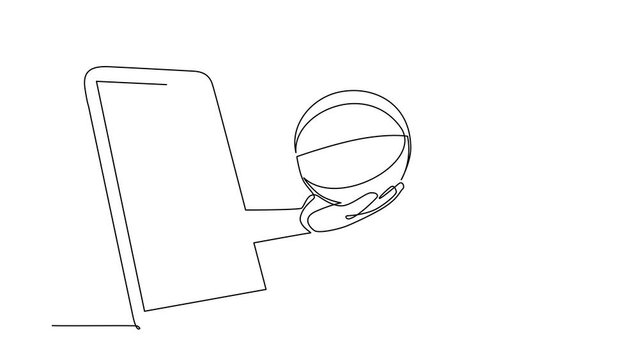 Animated self drawing of continuous line draw player hand holds basketball ball through mobile phone. Smartphone with app basketball. Mobile sports stream championship. Full length one line animation