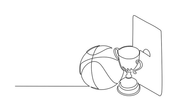 Animated self drawing of continuous line draw basketball court on screen smartphone with basketball cup and basketball ball. Mobile sport stream championship to play. Full length one line animation