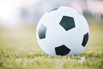 Soccer, ball and field ready for kickoff, game time or match start in sports, athletics or...