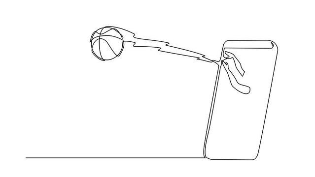 Animated self drawing of continuous line draw basketball player shooting ball out of screen. Online basketball games. Smartphone applications. Mobile basketball. Full length single line animation