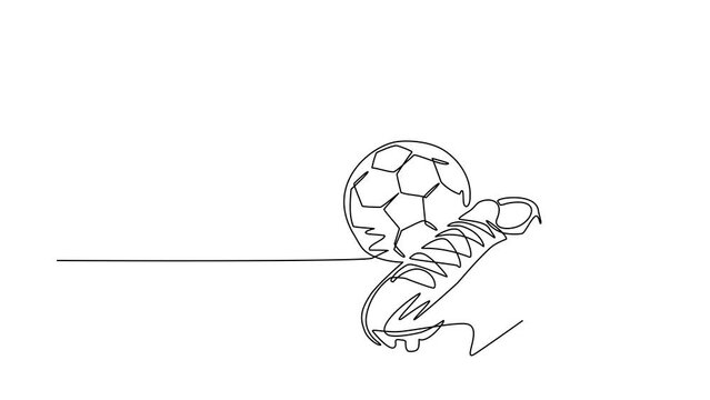 Animated self drawing of continuous line draw football shoes, ball. Football icon. Soccer ball boots. Sports inventory. For sport store ad, app pictogram, infographics. Full length one line animation