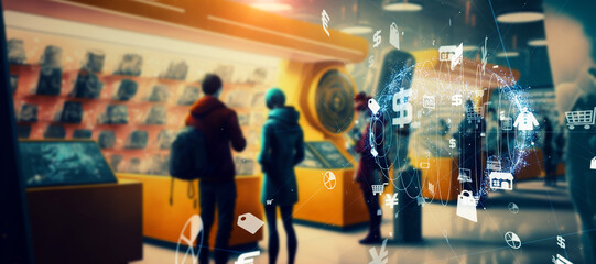 Group of people shopping in stores and communication network concept. Wide angle visual for banners...