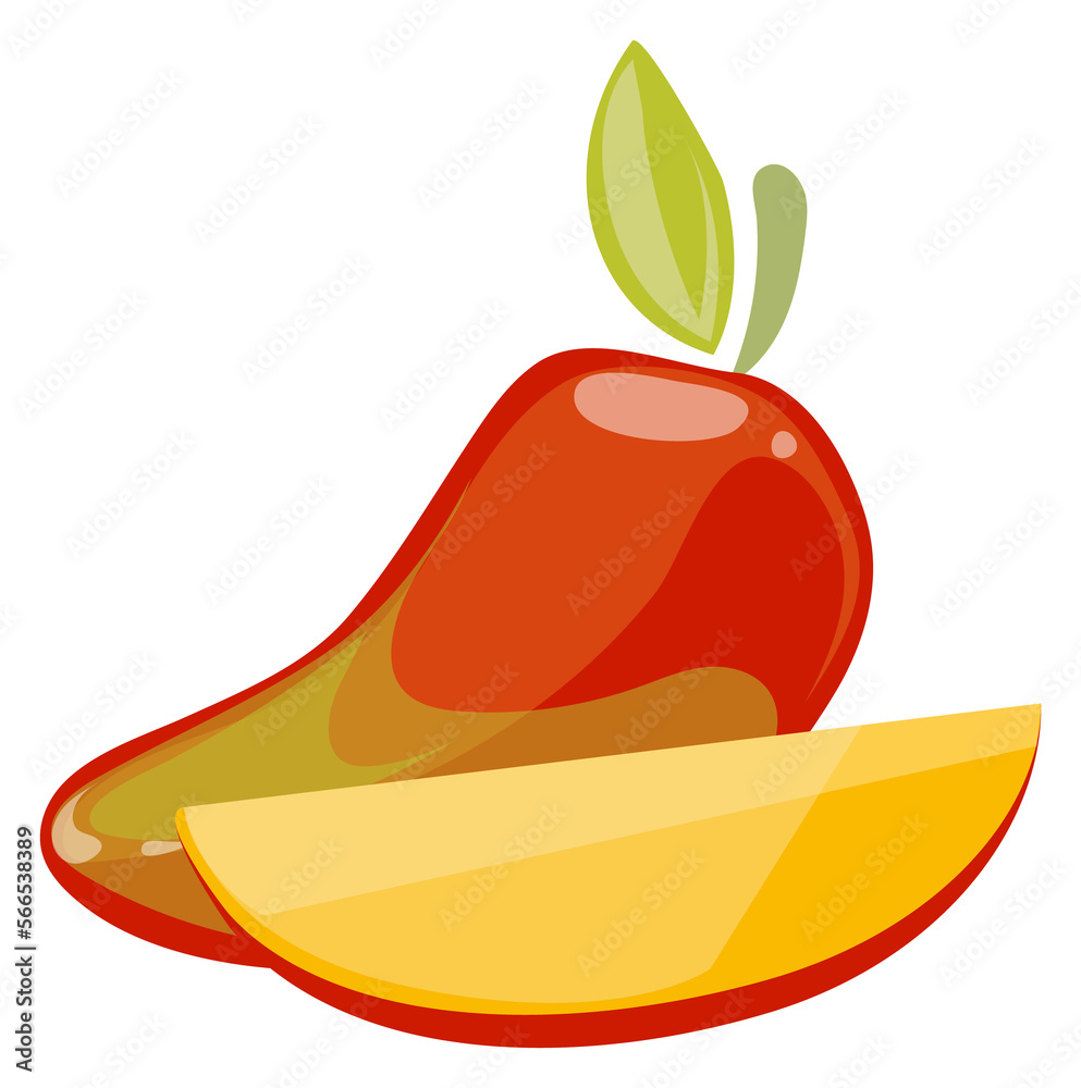 Sticker Mango icon. Cartoon ripe exotic fruit slice