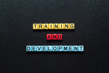 Training and development - word concept on cubes, text