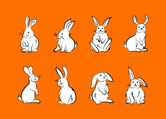 Funny cute white rabbits, doodle image set