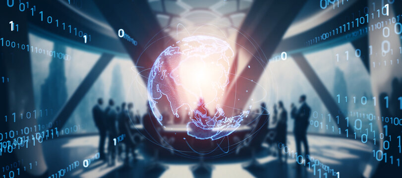 オフィスで働く人々とグローバルネットワーク　バナー・広告向け横長ビジュアル