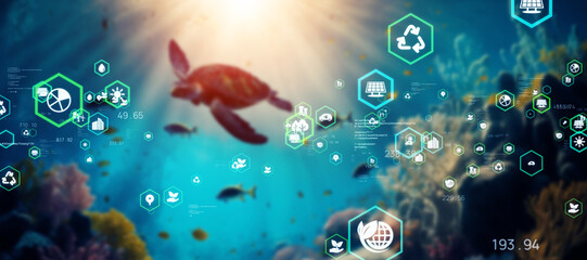 海を泳ぐウミガメと環境イメージ　バナー・広告向け横長ビジュアル