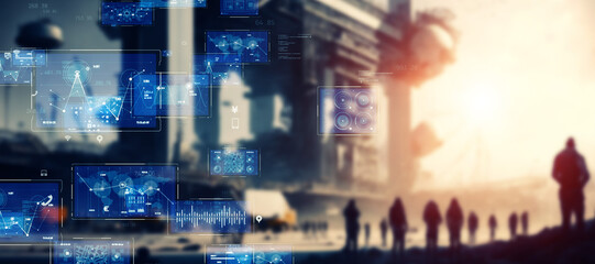 Group of people in construction site and digital data concept. Wide angle visual for banners or advertisements.