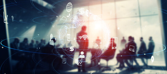 Group of people in the office and communication network concept. Wide angle visual for banners or advertisements.
