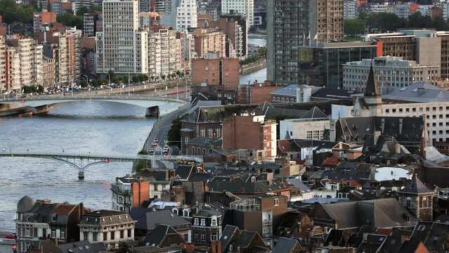 Top view of the river, bridges, and buildings in the central part of the city of Liege.