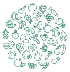 Fruit doodle in round shape. Food decorative pattern