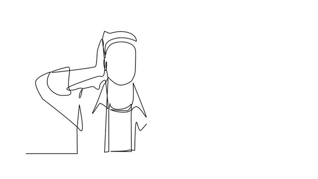 Animated self drawing of continuous line draw man covering or closing his ears with hands, making don't hear or listen gesture. Male does not want to hear or listen. Full length single line animation