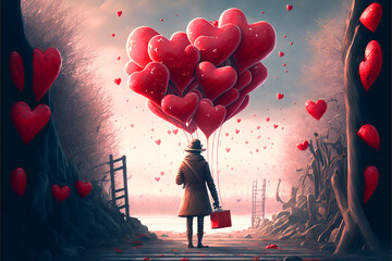 AI generated image of human holding ballon with love shape