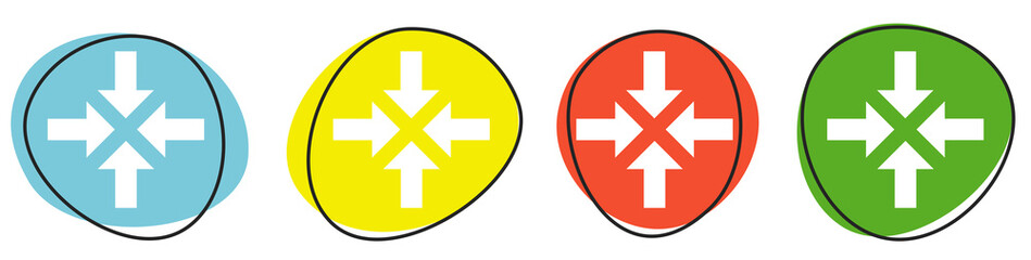 Banner mit 4 bunten Buttons: 4 Pfeile in Richtung Zentrum