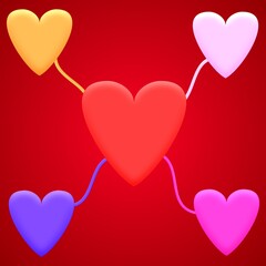 Fototapeta na wymiar A 3D illustration multicolored five hearts linked together on red background. use for Valentine's day