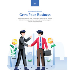 Grow your business. Boost your business. Two businessmen shaking hands. Business deal is done with money and coin. Poster and banner for successful business deal.