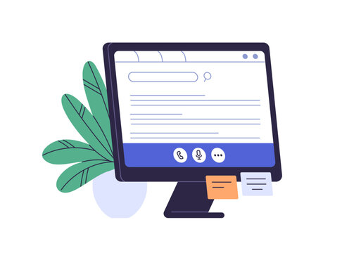 Computer, online web browser page on PC monitor for surfing, searching information. Screen sharing during video call, remote desktop concept. Flat vector illustration isolated on white background