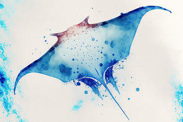 Manta ray watercolor generative AI - obrazy, fototapety, plakaty