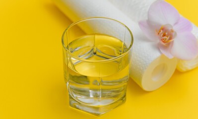 cartridges for water purification on a yellow background. Concept of clean water at home