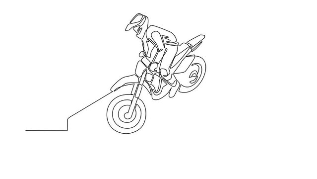 Animated self drawing of continuous line draw motocross rider ride motocross bike on smartphone screen. Motocross motorcycle. Enduro, freestyle motocross extreme sport. Full length one line animation
