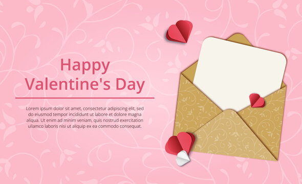 Valentine's day banner with envelope and blank sheet of paper and hearts; realistic 3d image; paper cut