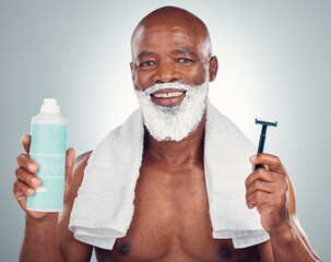 Black man, beard and shaving with razor, cream or cosmetics for skincare, grooming or self care...