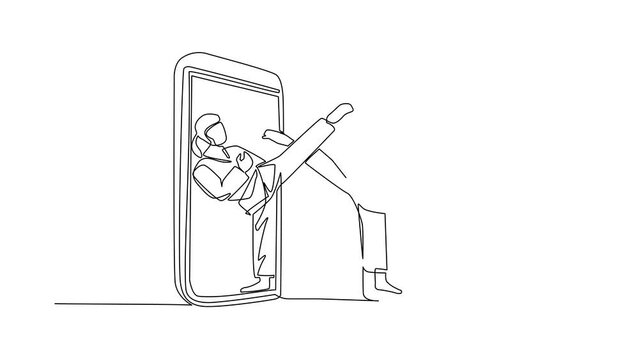 Self drawing animation of single line draw woman karate fighters comes out from cellular phone. Professional karate fighters standing practicing together. Continuous line draw. Full length animated
