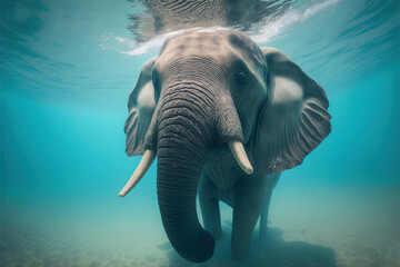 Big elephant in lake with reflections on water surface. Generative AI illustration.