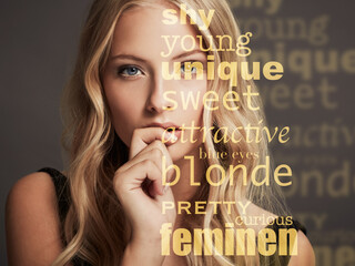 Beautiful, confident and portrait of a woman with overlay of words isolated on a dark background....