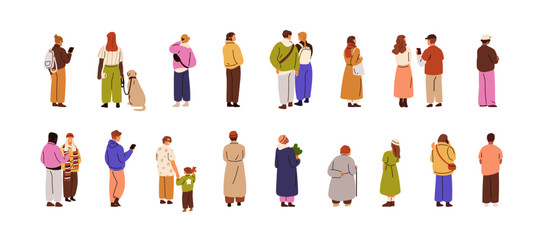 People standing set, rear view. Men, women backside. Behind human backs. Male, female characters with mobile phone, dog, waiting, watching. Flat vector illustrations isolated on white background