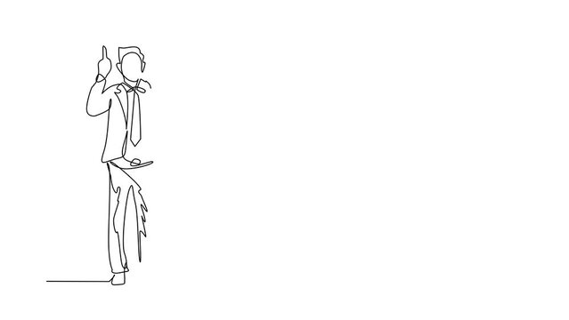 Animated self drawing of continuous line draw young businessman wearing suit holding clipboard and pointing index finger up. Active person keeping file pad in hand. Full length single line animation