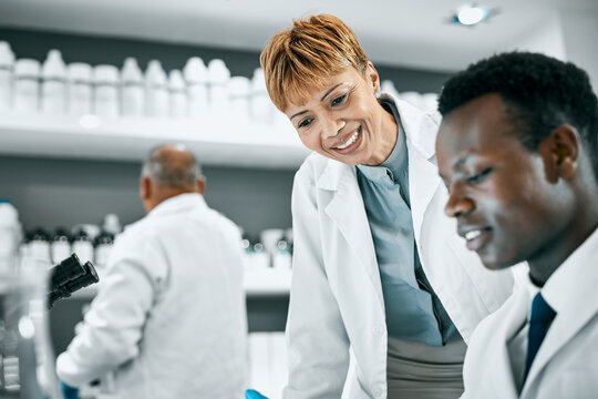 Doctor, covid or scientist people in science laboratory for DNA research, medical and medicine data analysis. Happy, healthcare teamwork or nurse for healthcare, cancer innovation or virus test study - Powered by Adobe