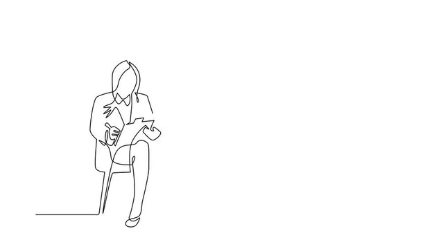 Animated self drawing of single continuous line draw businesswoman with clipboard. Female executive sitting in armchair. Woman taking notes. Psychology consultation. Full length one line animation