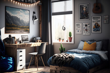 Stylish teenager's room interior with comfortable bed and workplace. Generative AI illustration.