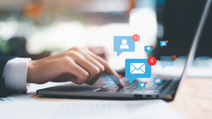 icon on laptop show notifications of new messages,internet application notification concept,Cyberspace Communications, Connected Inboxes, Chats, Messages, and Apps