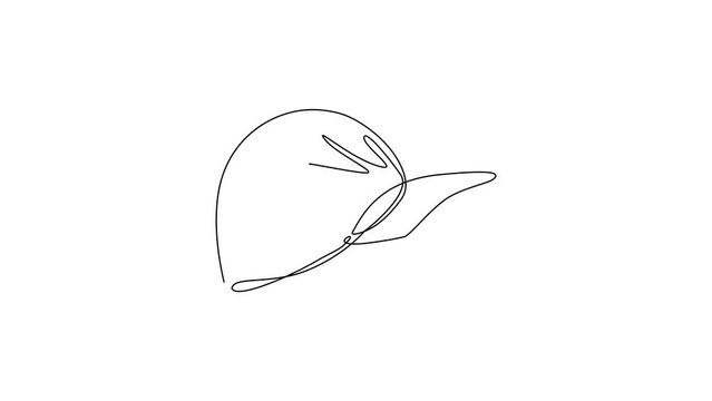 Animated self drawing of continuous one line draw uniform cap or hat icon. Mockup and blank template of baseball uniform cap with side view. Modern fashion accessory. Full length single line animation