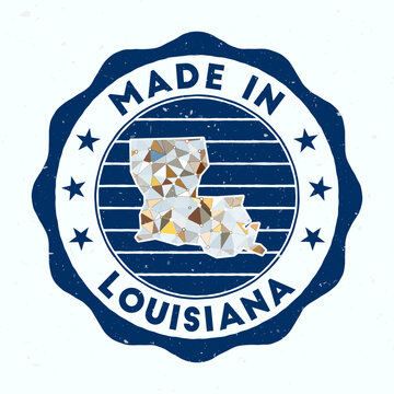 Made In Louisiana. Us state round stamp. Seal of Louisiana with border shape. Vintage badge with circular text and stars. Vector illustration.