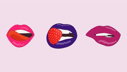 Set of sexy lips in pop art 90's style. Female mouth in different emotions for Stickers, Logos, Prints. Set of bright lips, blue, pink, purple, with tongue and strawberry