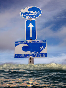 American Tsunami evacuation sign  and waves 