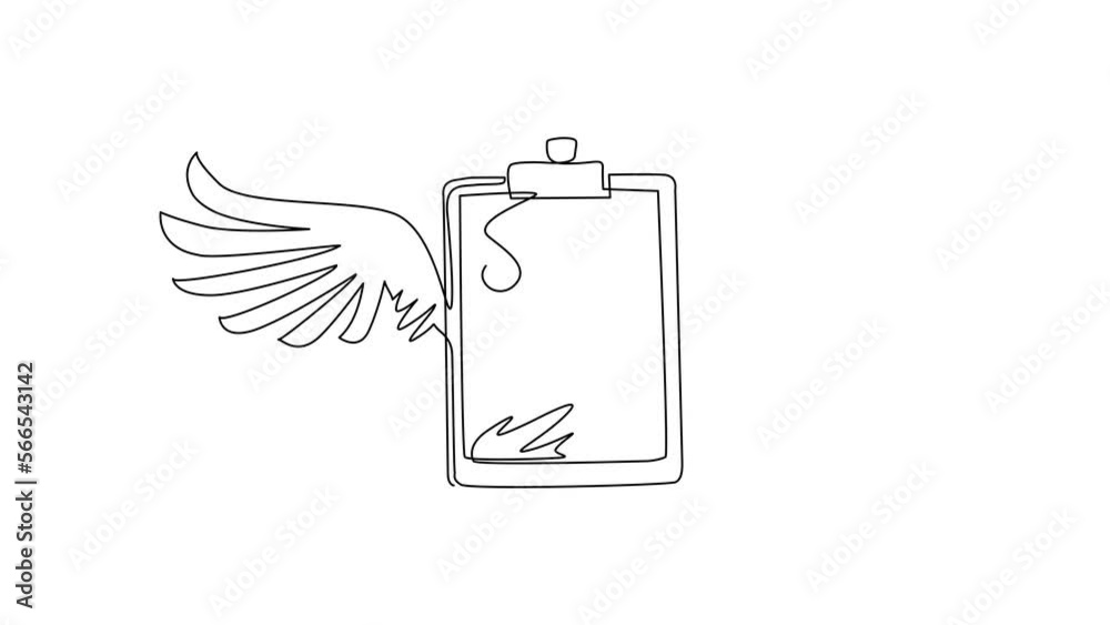 Poster animated self drawing of continuous line draw clipboard with wings icon. task done. signed approved 